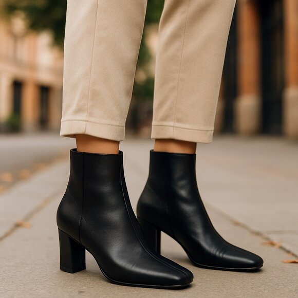 VINCE Black Leather Ankle Boots Square Toe 10 - Picture 1 of 16